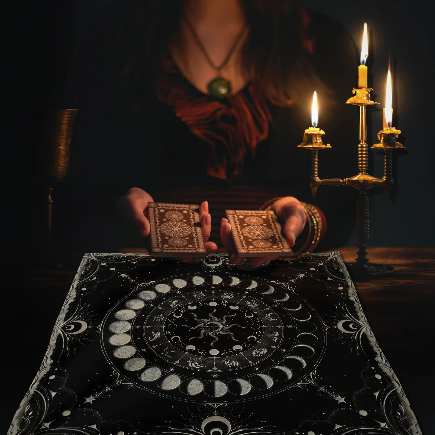 Tarot Cloth Astrology Tarot Cloth Astrology Sun 1 black tablecloth, medieval design with moon and constellation motifs, suitable