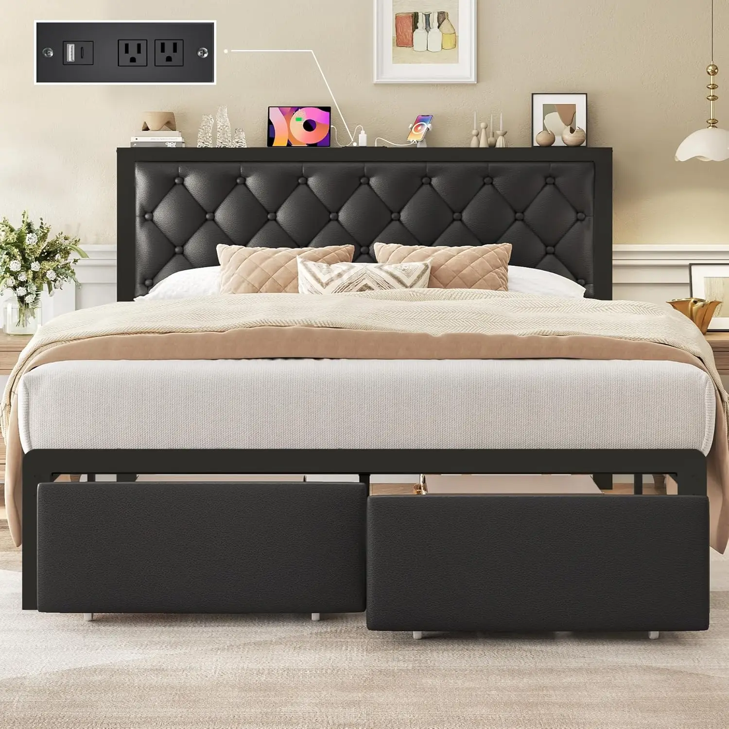 Queen Bed Frame with 2 Drawers, Upholstered Headboard, Charg