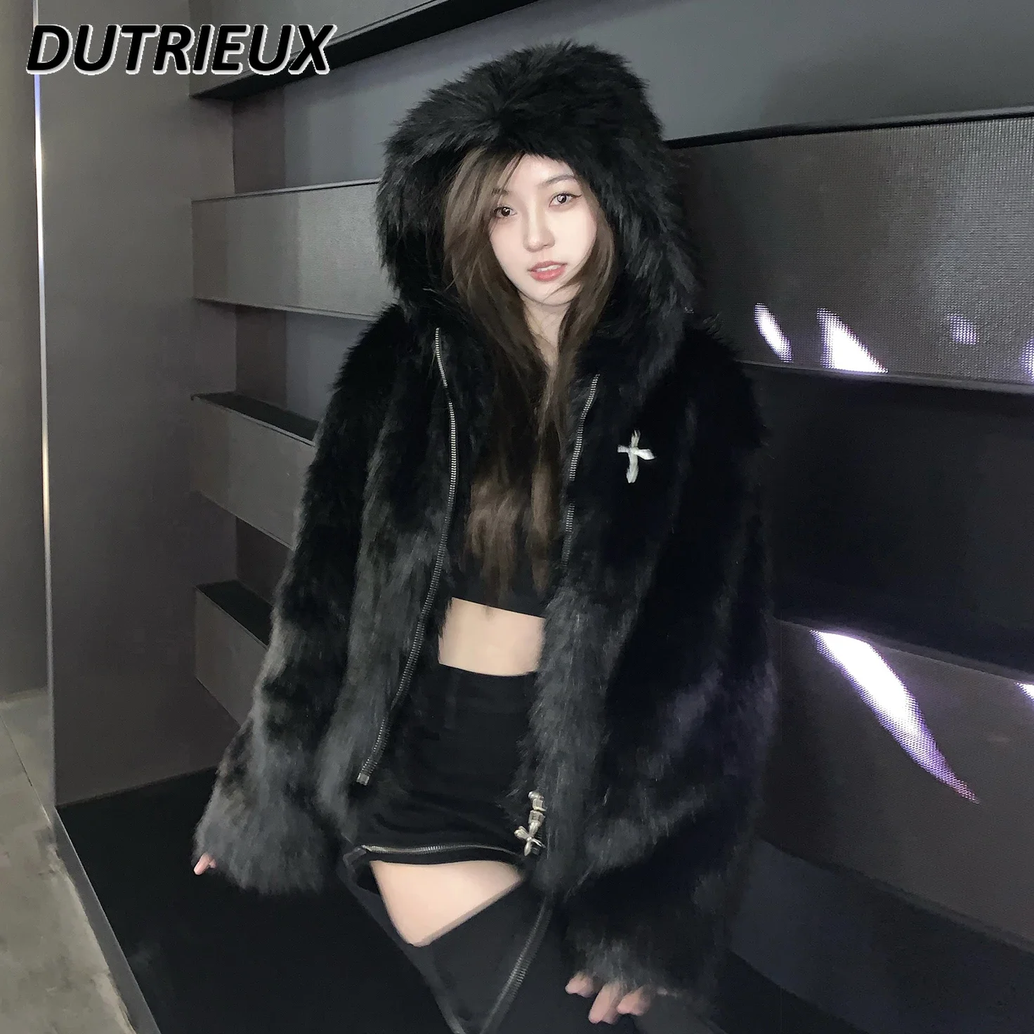 ฤดูหนาวWarmสีดําFaux Fur Hooded Furry Coatผู้หญิง2023ฤดูหนาวสุภาพสตรีแขนยาวซิปความยาวกลางFaux Fox Fur Jacketหญิง