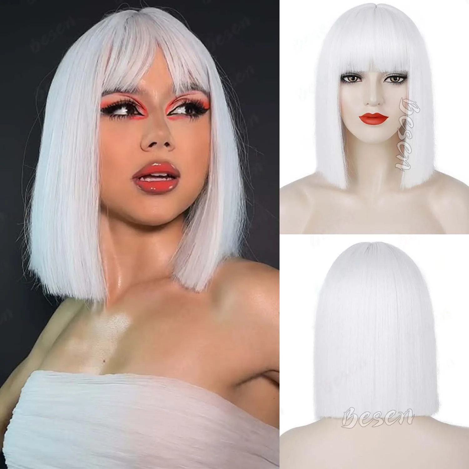

Synthetic Short Straight White Bob Wig with Bangs Shoulder Length Hair for Daily Party Cosplay Halloween,Multi-colored Bob Wig