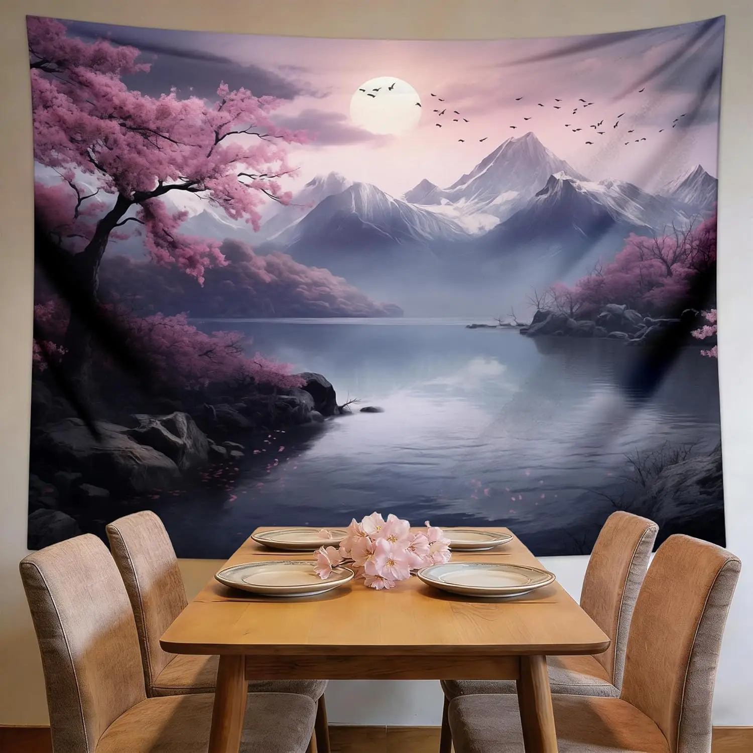 Japanese Cherry Blossom Tapestry Wall Hanging Asian Anime Nature Mountain Wall Art Calming Tapestries for Bedroom Living Room