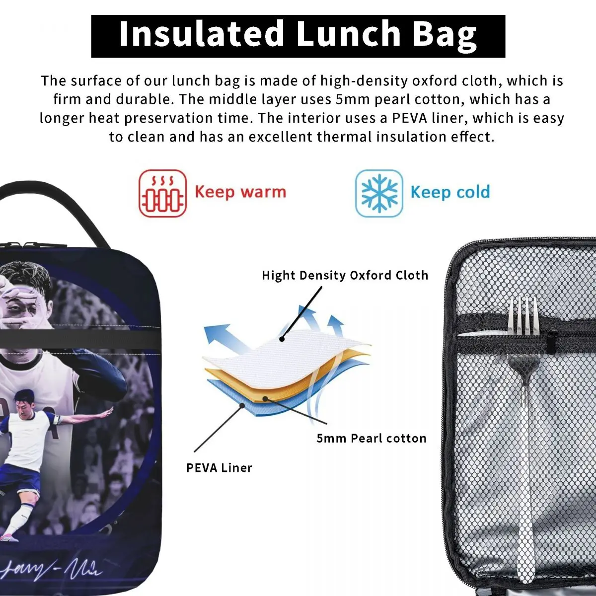 Son Heung-Min كرة القدم كرة القدم معزول أكياس الغداء حقيبة للحفاظ على البرودة قابلة لإعادة الاستخدام عدد 7 كبير حمل علب الاغذية الرجال النساء مكتب في الهواء الطلق