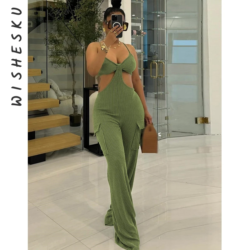 

Sexy Spaghetti Strap Hollow Out Jumpsuits Women Backless Wide Leg One Piece Rompers 2024 Summer Harajuku Elegant Outfits