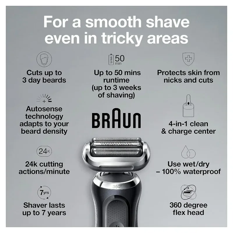 Braun Electric Razor for Men, Waterproof Foil Shaver, Series 7 7075cc, Wet & Dry Shave, With Beard Trimmer, Rechargeable