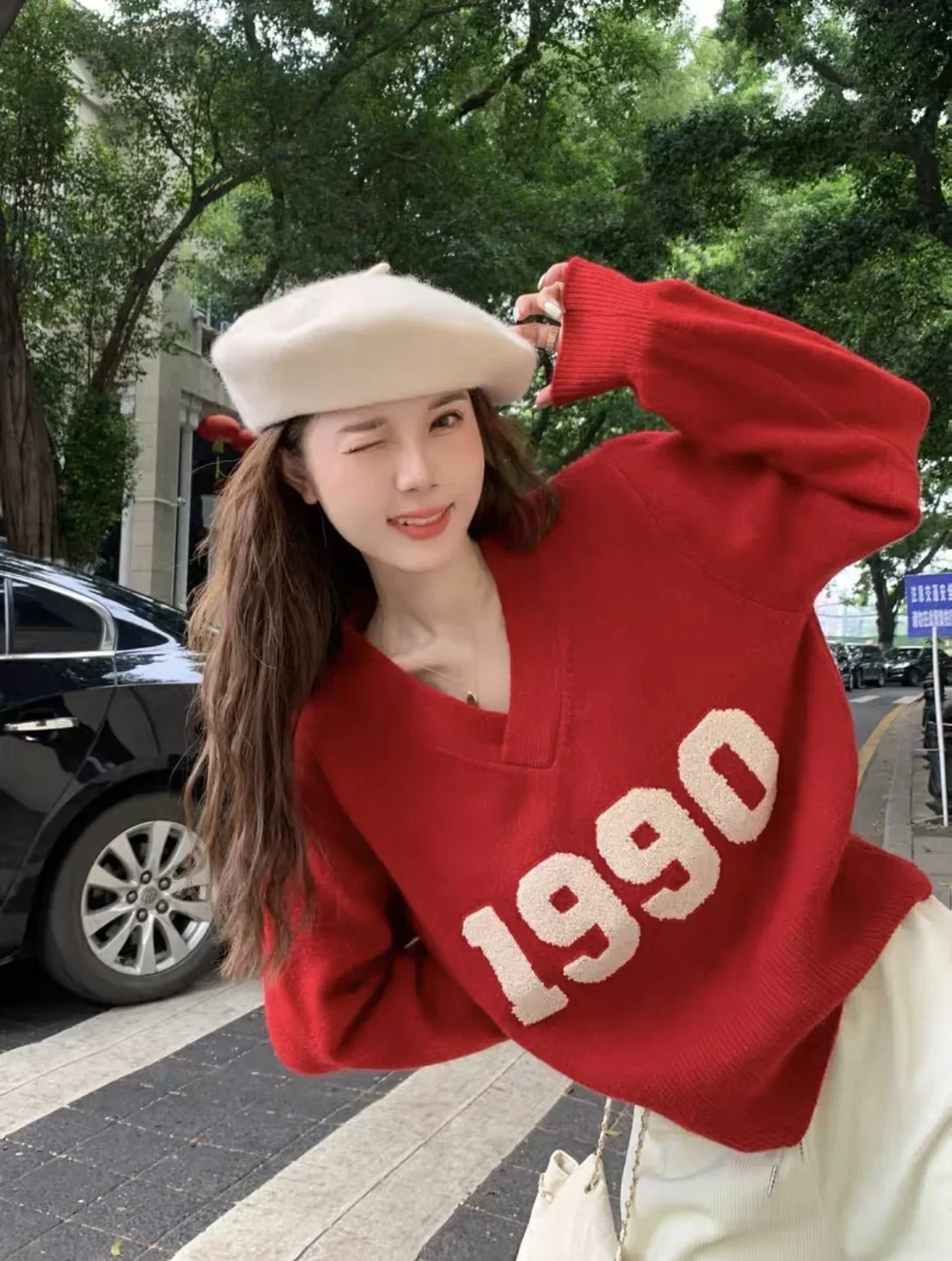 Jerséis para mujer otoño rojo Simple todo-fósforo suelto estudiantes Ulzzang carta elegante ocio moda cuello pico cómoda creatividad