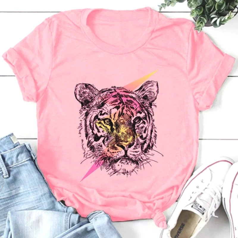 Tiger Print Short-sleeved Round Neck Women's T-shirt, Summer Casual Style.Fashion Graphic T Shirts Summer Streetwear Personality