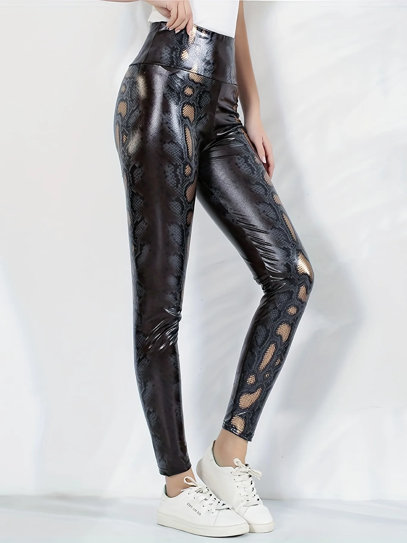 European And American Women\'s New Leggings High-waisted Tight Stretch Brown Snake Bright Leather Personality Nine-point Pants