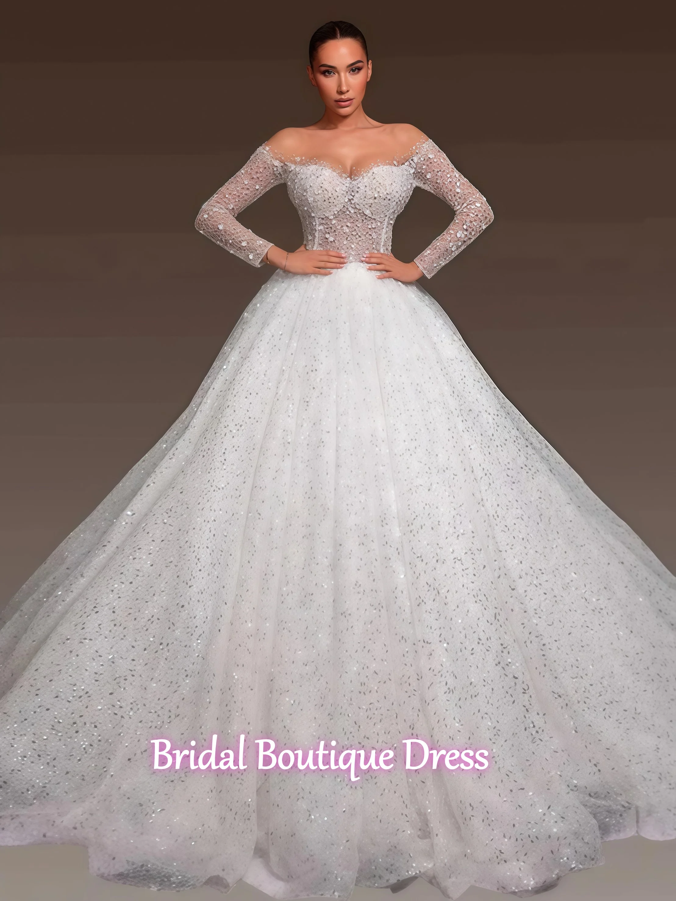 

Customized ExquisiteBeaded Wedding Dresses Romantic Elegant Long Sleeve Bridal Dresses Floor-length Dresses Train Vestidos De