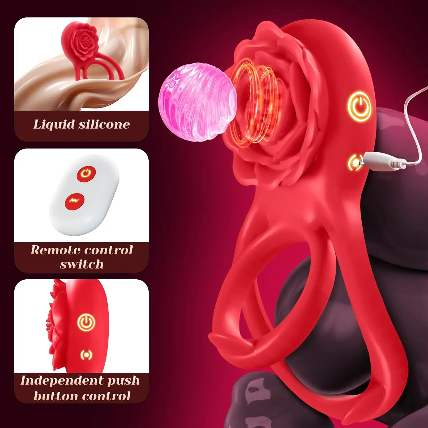 خاتم القضيب خاتم الورد مع هزاز 7 أوضاع الاهتزاز في وقت واحد يحفز البظر الخصيتين النشوة الجنسية الأزواج ألعاب الجنس الكبار