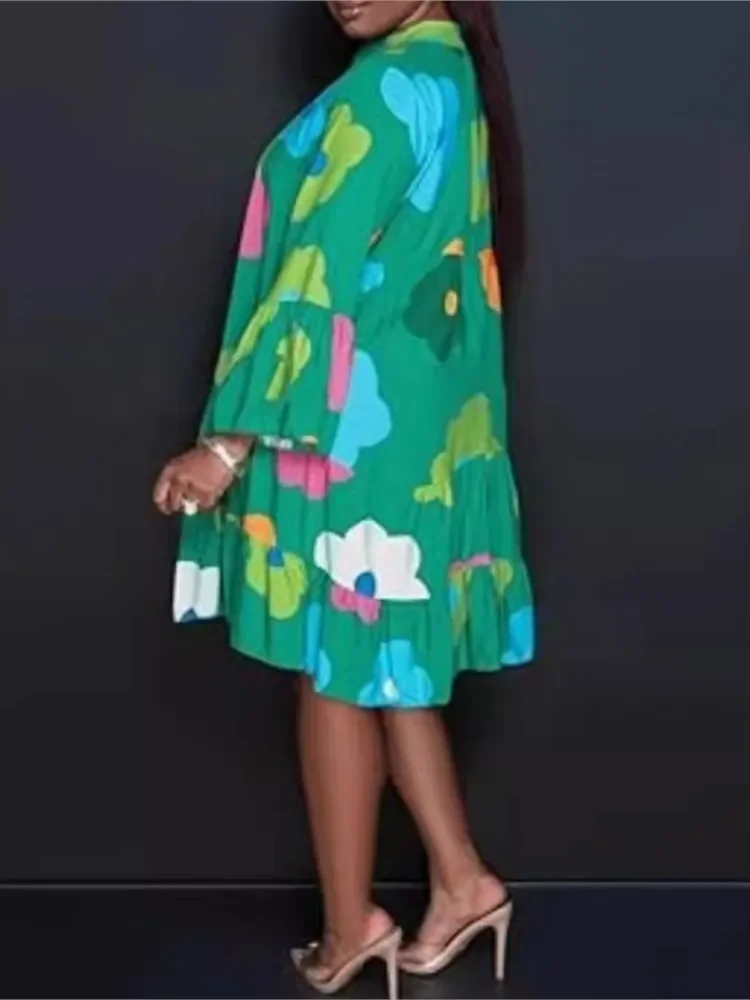 Autumn Women's New Loose Fashionable Printed Long Sleeved Sexy V-neck Single Breasted Shirt Big Swing Half Body Jumpsuit