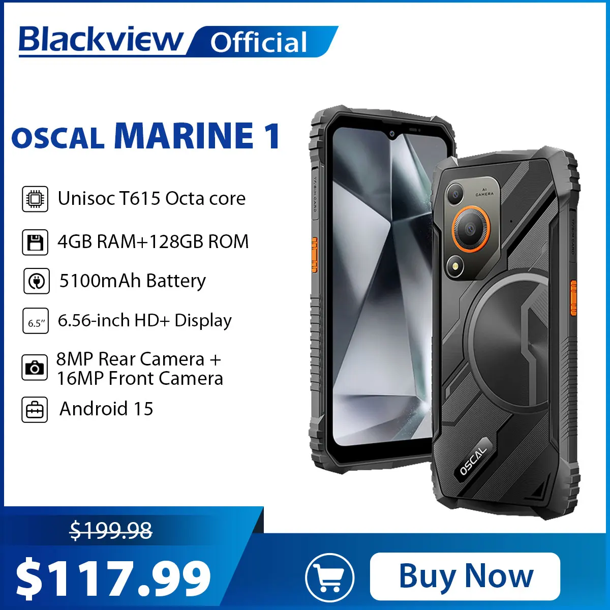 Blackview Oscal MARINE 1 Rugged Smartphone 6.56 inch HD+ Display Unisoc T615, 5100mAh, Gemini Al,Ultra-thin Cellphone Android 15