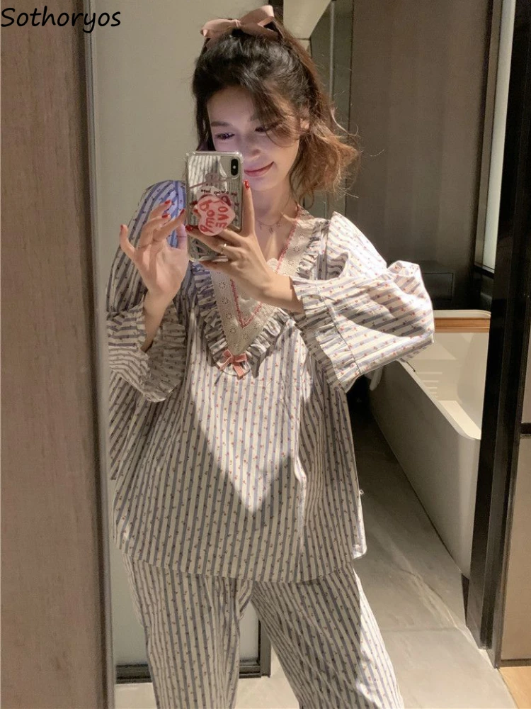 Striped Pajama Sets Women V-neck Autumn Tender Ruffles Sweet Home Students Korean Style Long Sleeve Sleepwear Casual All-match