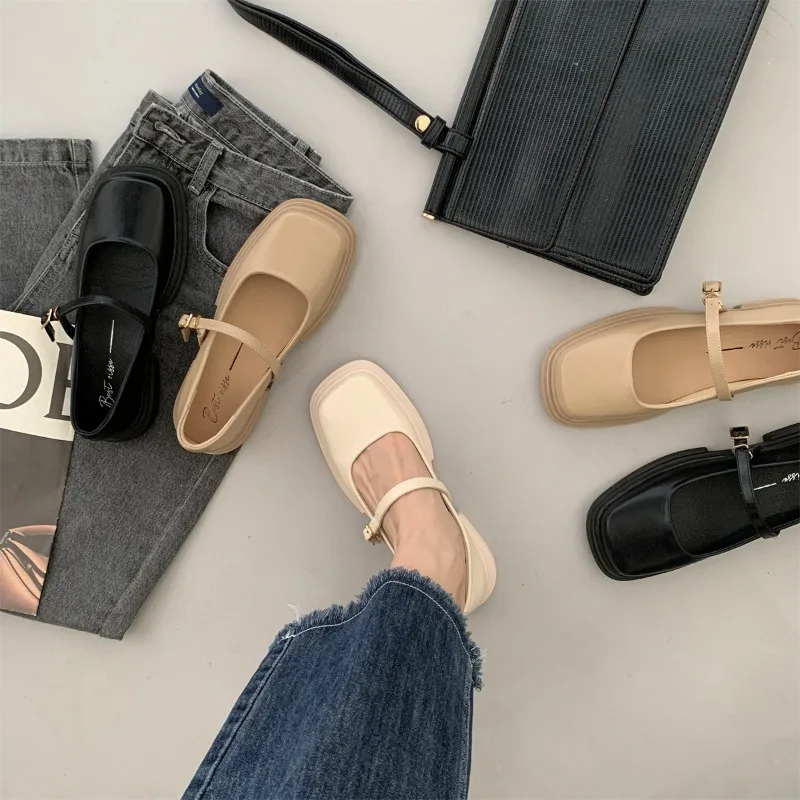 Mary Jane Shoes Women Square Toe British Style Small Leather Shoes Women Thick Heels Elegant Shallow Footwear Fashion Lady Shoes