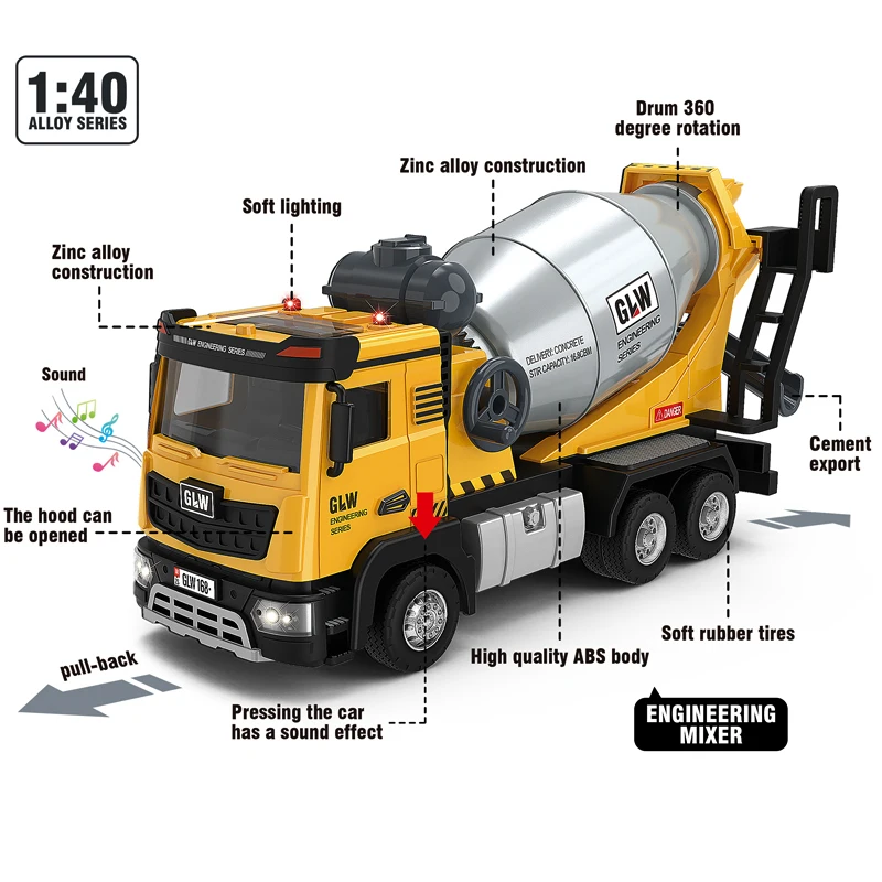1:40 شاحنة خلط سبيكة دييكاست نموذج الهندسة البناء لعب المركبات ضوء الصوت التراجع جمع لعب للأطفال