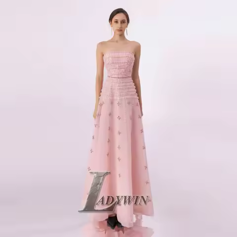 LADYWIN Dubai Modest Elegant Vintage Formal Pink Occasion Prom Dress Strapless Evening Party Gowns Plus Customized