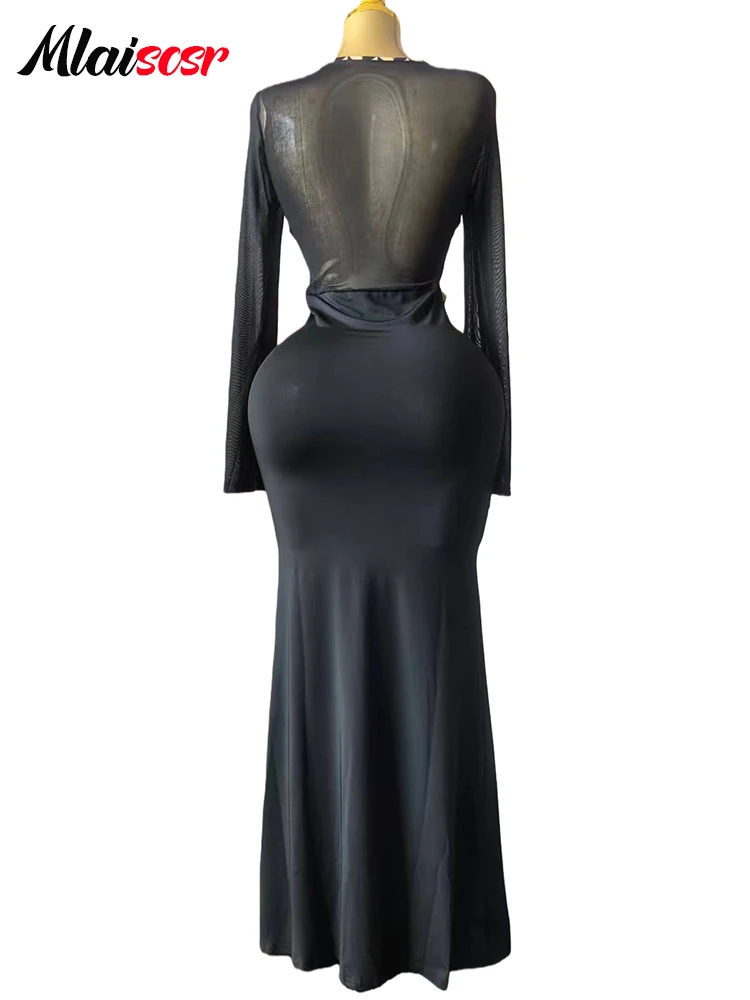 Mlaiscsr Frauen Gedruckt Patchwork Lange Hülse O-ansatz Bodycon Schlank Schwarz Maxi Kleid Luxus Geburtstag Weihnachten Party Abendkleider