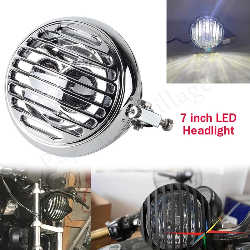 

For Harley Softail Heritage Fat Boy 86-14 Chrome 7 inch Steel Motorcycle Retro Grille LED Headlight High Low Beam Round Headlamp