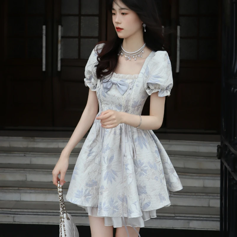 Imagem -06 - Vestido de Princesa Estilo Lolita Doce para Mulheres Elegante Colarinho Quadrado Manga Folhada Mini Vestidos de Festa para Meninas Estampa Kawaii Coreana