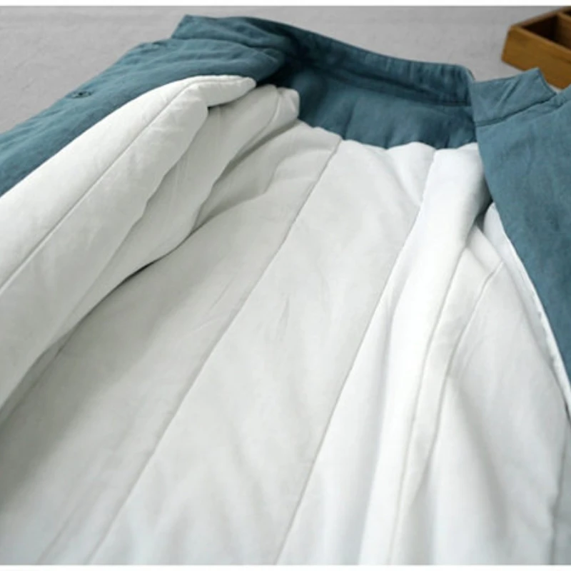 Novo estilo chinês casaco longo de algodão feminino gola alta fivela outono inverno comprimento médio quente linho acolchoado jaqueta