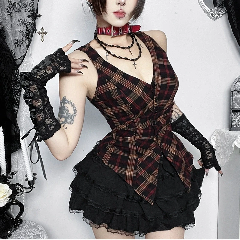 2026 New Retro Dark Korean Button Sleeveless Blouse Shirts Vintage Plaid V-neck Tank Top Slim Summer Vests Mall Gothic Clothing