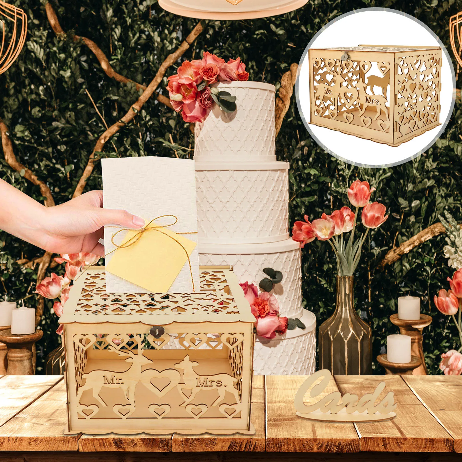 

Rustic Wood Wedding Cards Box Large Smooth Surface Stylish Wedding Party Envelope Money Gift Cards Storage Case