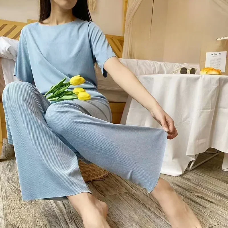 Pijamas Pyjamas Nightwear Summer Pajamas Home Suit Silk Women\'s Ice Piece For Wear Two Female Set Sleepwear Clothes