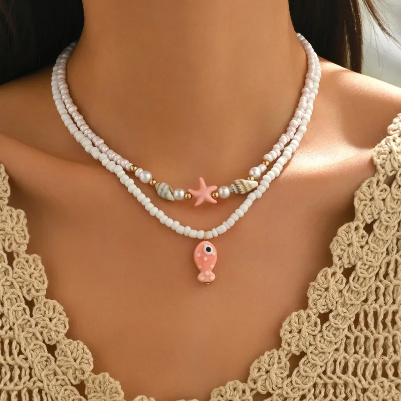

Bohemian fashion new beach ocean style necklace, irregular conch ceramic small fish multi-layer jewelry