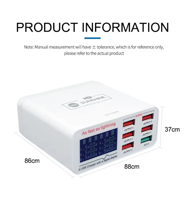 Sunshine SS-304Q 6 Port LCD USB Charger 2.4A Fast Charger Support Intelligence QC 3.0 Compatibility for Charger