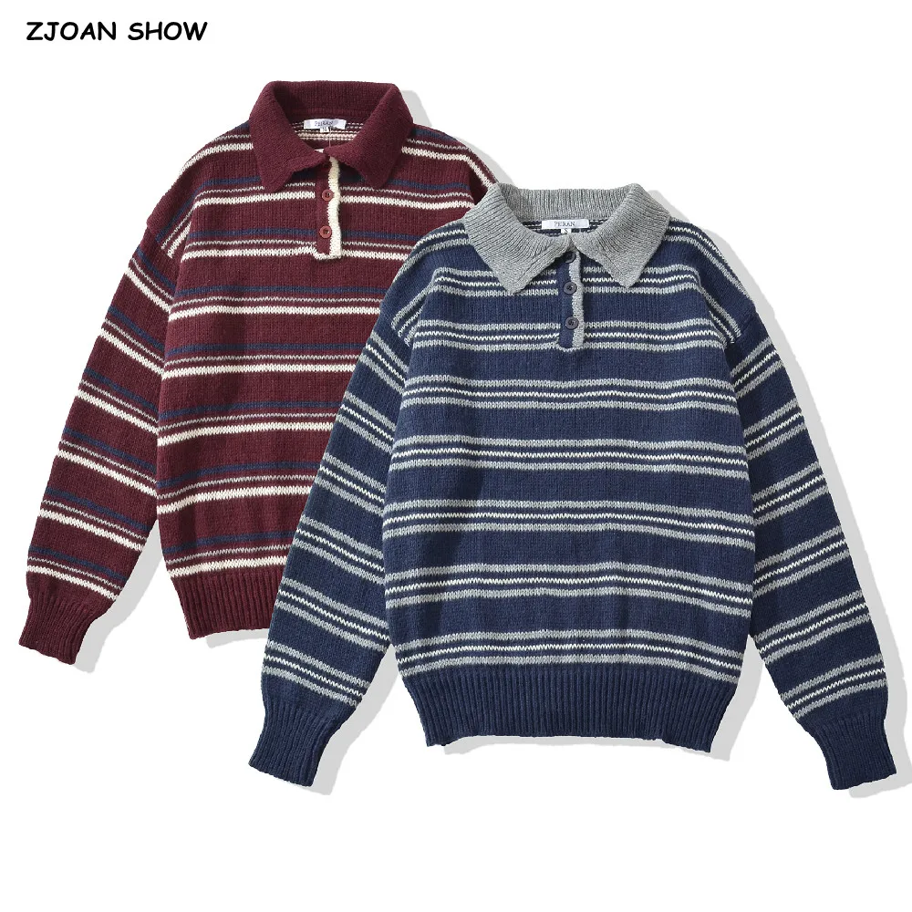 

2025 Autumn Baggy Open Buttons Lapel Striped Knitted Sweater Women Loose Long Sleeve Pullover Knitwear Oversized Jumper Blue
