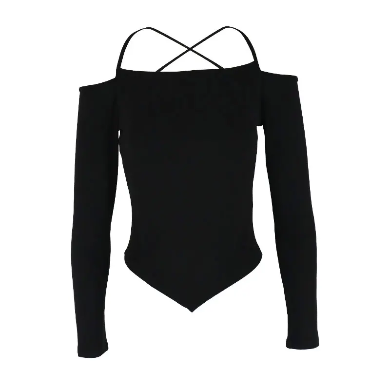 تي شيرت نسائي مكشوف الكتفين ، تي شيرتات بأكمام طويلة ، تيشيرتات ضيقة غير رسمية ، تيشيرت أنيق متعدد الاستخدامات للسيدات ، ملابس شارع سوداء ، موضة جديدة ، خريف