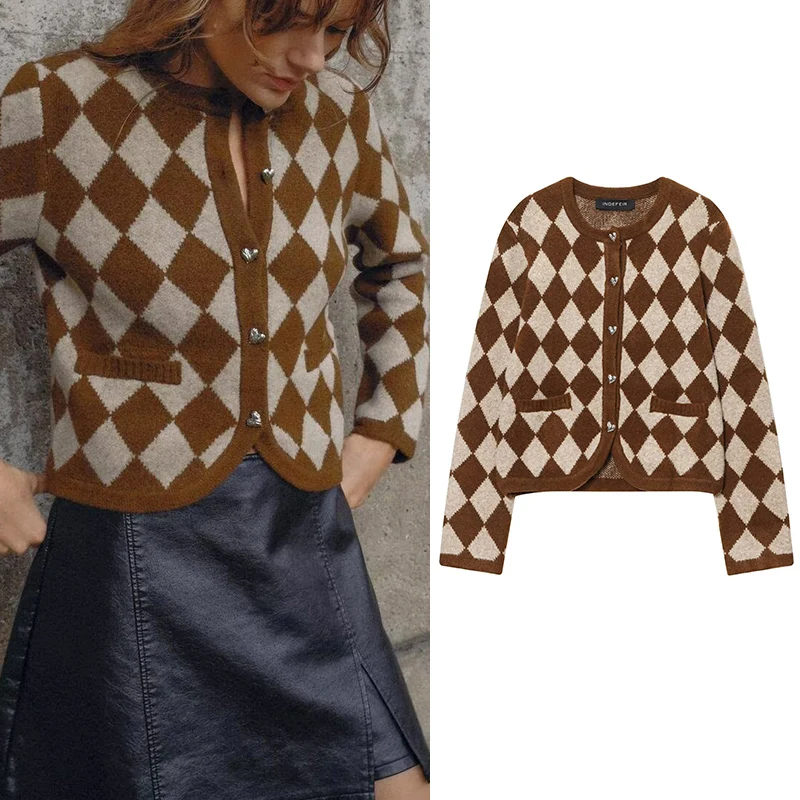 

Женская куртка 2025, новая модная осенне-зимняя жаккардовая вязаная куртка с длинными рукавами и ромбовидным узором для женщин, повседневный шикарный женский топ