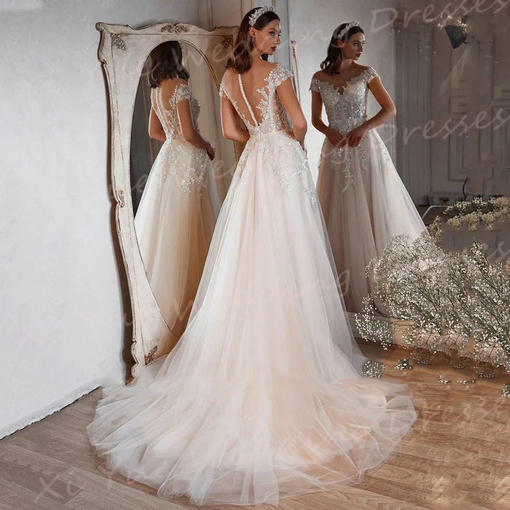 Hermosos vestidos De novia De corte en A para mujer, vestidos De novia De encaje con apliques exquisitos, Vestido De novia clásico De manga corta con abertura lateral