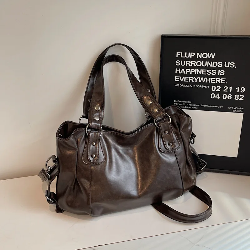 

Vintage Brown Oil Wax Leather ToteS BagS, Top Handle Handbag with Crossbody Strap, Large Capacity Shoulder Bag for Daily Travel
