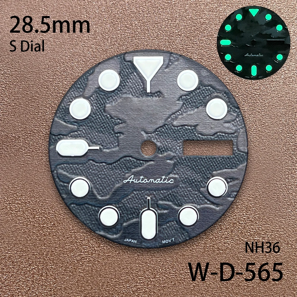 28.5mm S Logo Camouflag Dial Suitable for NH36/4R36 Japanese Movement Green Luminous High-Quality Watch Modification Accessories