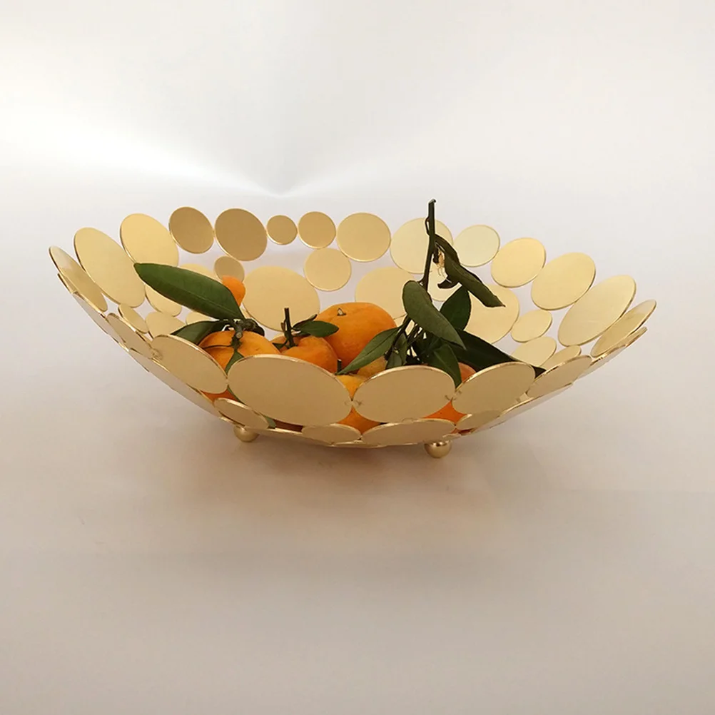 Fruit Basket Bread Iron Plate Storage Baskets Vegetable Holder Dish Golden Hollow Round