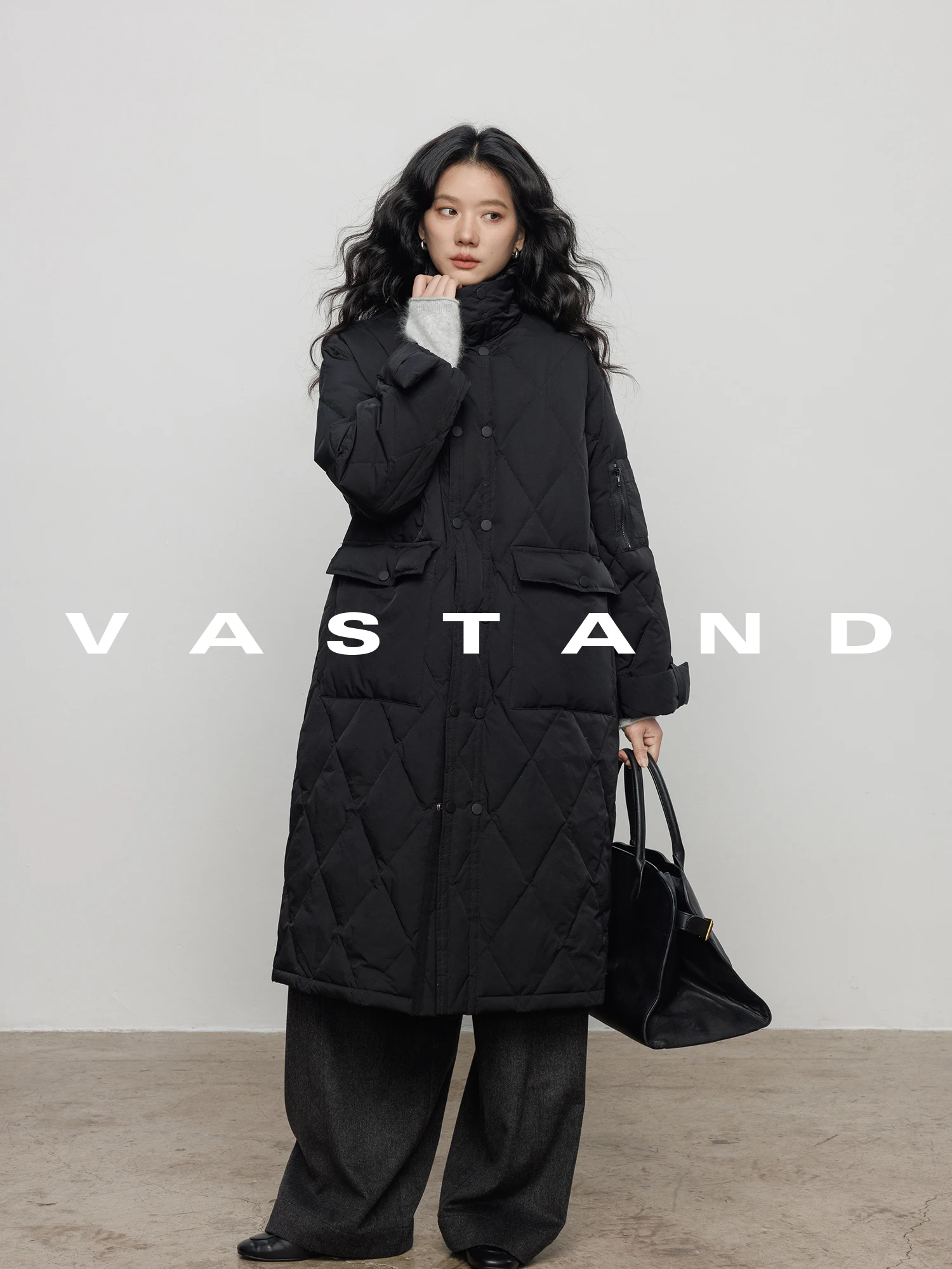 Vastand Winter Long down Jacket Loose Knee-Length 90 White Duck down Versatile Commuter Outerwear Warm Fleece Zipper Closure