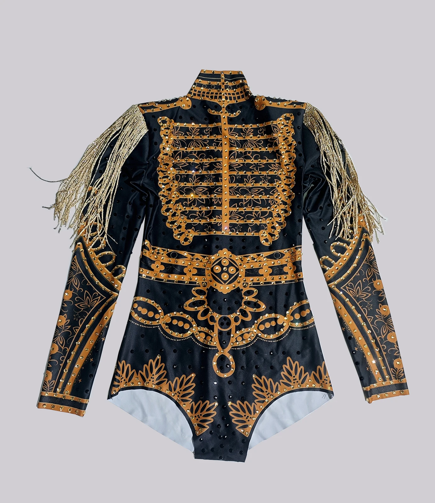 

Sparkly Gold Rhinestones Bodysuit Long Sleeve Performance Dance Stage Costume Woman Drag Queen Festival NightClub Birthday Party
