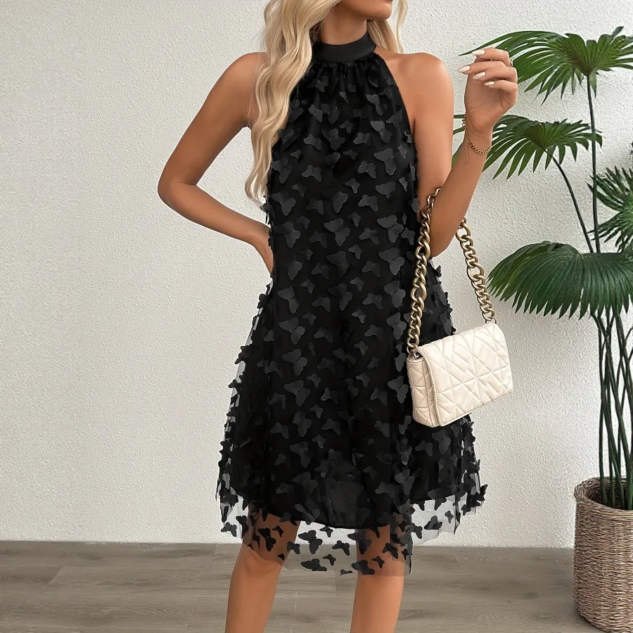 

【New style】New fresh butterfly open-shoulder French dress double layers loose open-shoulder temperament sleeveless women's dres