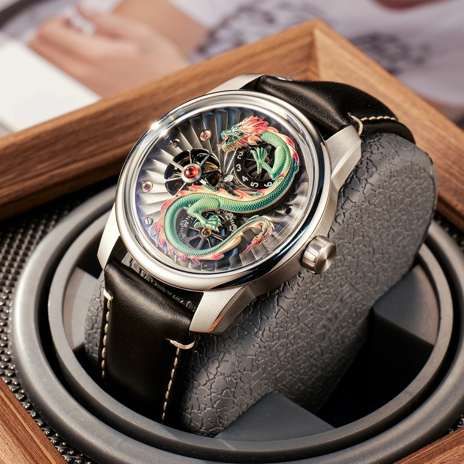 OBLVLO 3D Engraving Chinese Dragon Automatic Mechanical Watches Sapphire Glass Waterproof Men Watch Double Wheels Luminous Clock