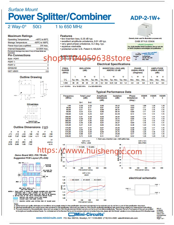 ADP-2-1W+     RF Power Divider / Combiner 1 MHz ~ 650 MHz Isolation (min) 20dB, 3° Im (max) 6-SMD, Flat Leads