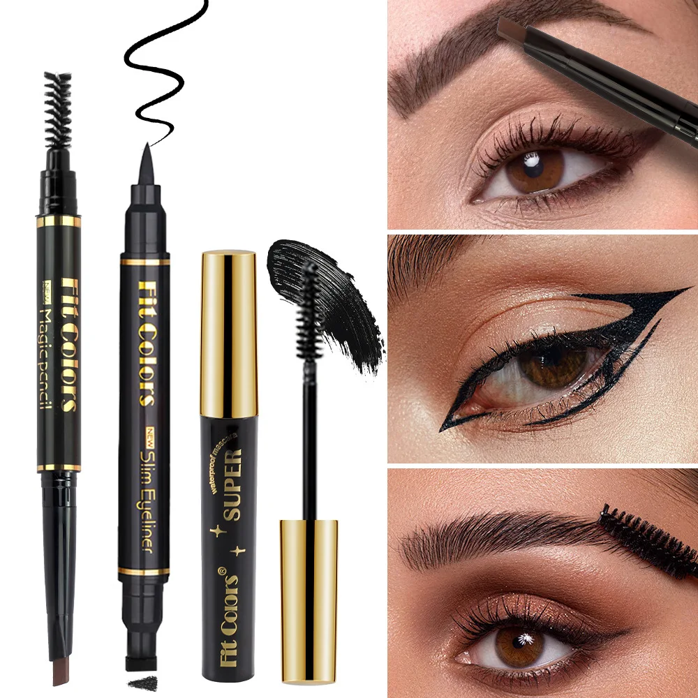 3 in 1 Makeup Set Mascara Eyeliner Eyebrow Pencil Waterproof Lengthening Curling Natural for Women Daily
