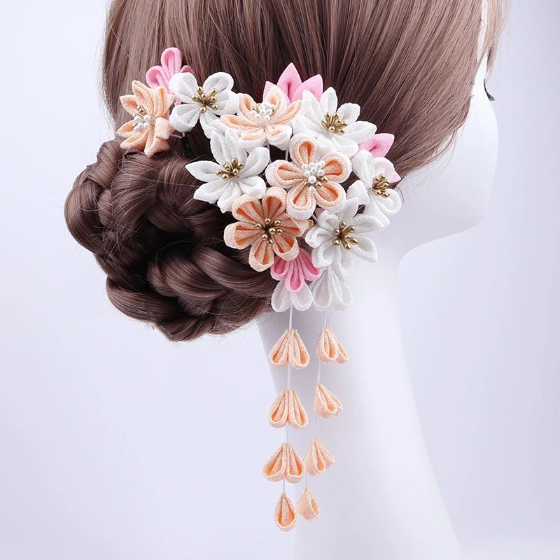 Japanese Handmade Fabric Flower Hair Accessories Clip Tassel Kimono Hairpin Headdress Geisha Barrette Japanese Festvial Hairpins