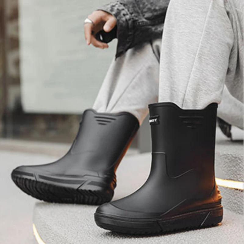 Men Rain Boots Mid-calf Boots PVC Waterproof Work Shoes Non-slip Rubber Rain Shoe Men Outdoor Fishing Boot Women Platform Boots