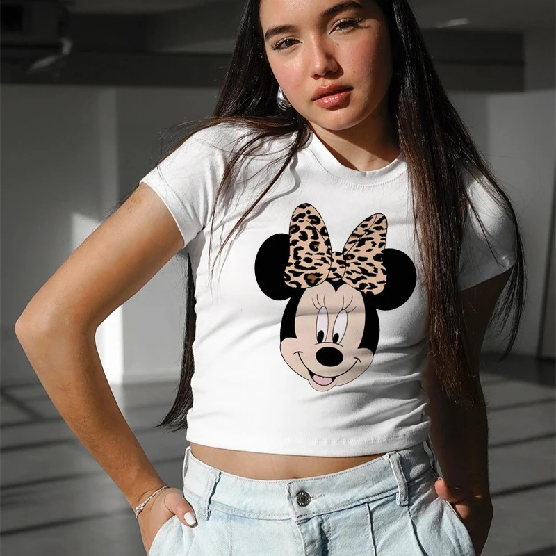 Mickey Tshirt 90s Y2k Minnie Mouse Hat Print Crop Top Tee T-shirt Women Fashion T Shirt Female Clothes Kawaii Disney T Shirt