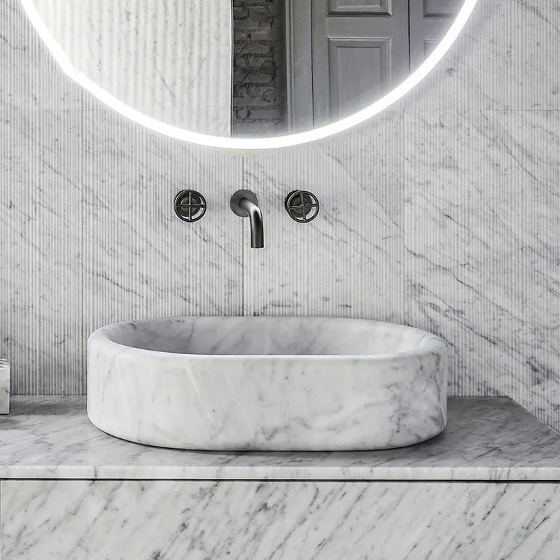 

100% Natural Marble Italian Oval Integrated Sink, Deep Bathroom Washbasin for Designer Villas