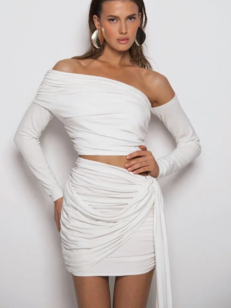 

Fashion Lace 2 Piece-Set Short Skirt For Women Slim Slante Shoulder Long Sleeve Top And Pleats Mini Skirt Sets Female 2025