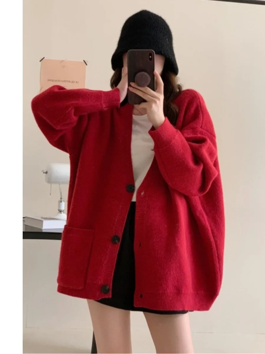 

Ele Versatile Loose Knitted Sweater Women's Autumn Winter Faion Design Open Cardigan Thiened Long Sve V-ne