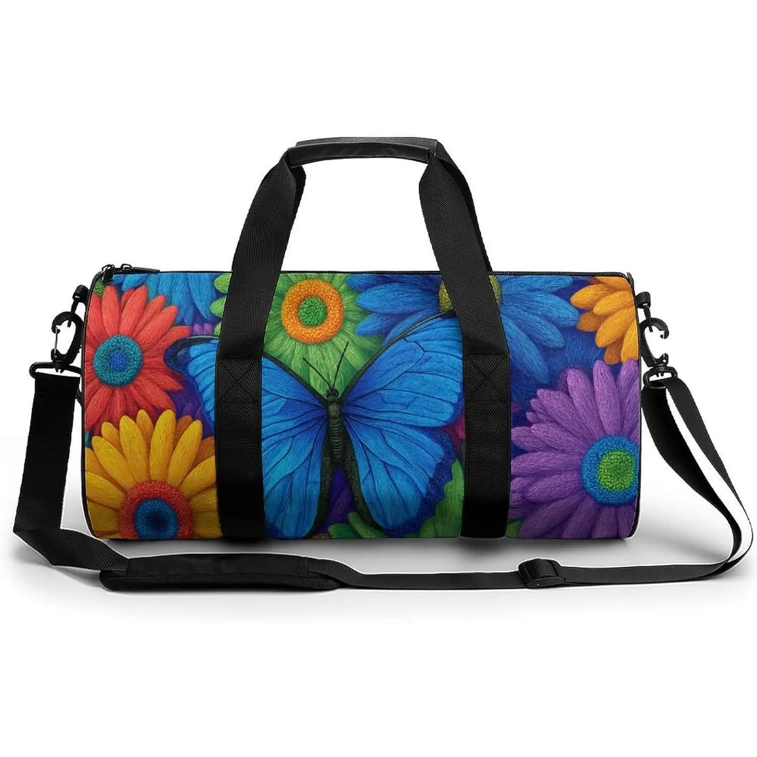 

Blue Butterfly with Vibrant Flowers Travel Gym Bag for Women Men Cylindrical Duffle Bag Sport Workout Bag with Shoulder Strap