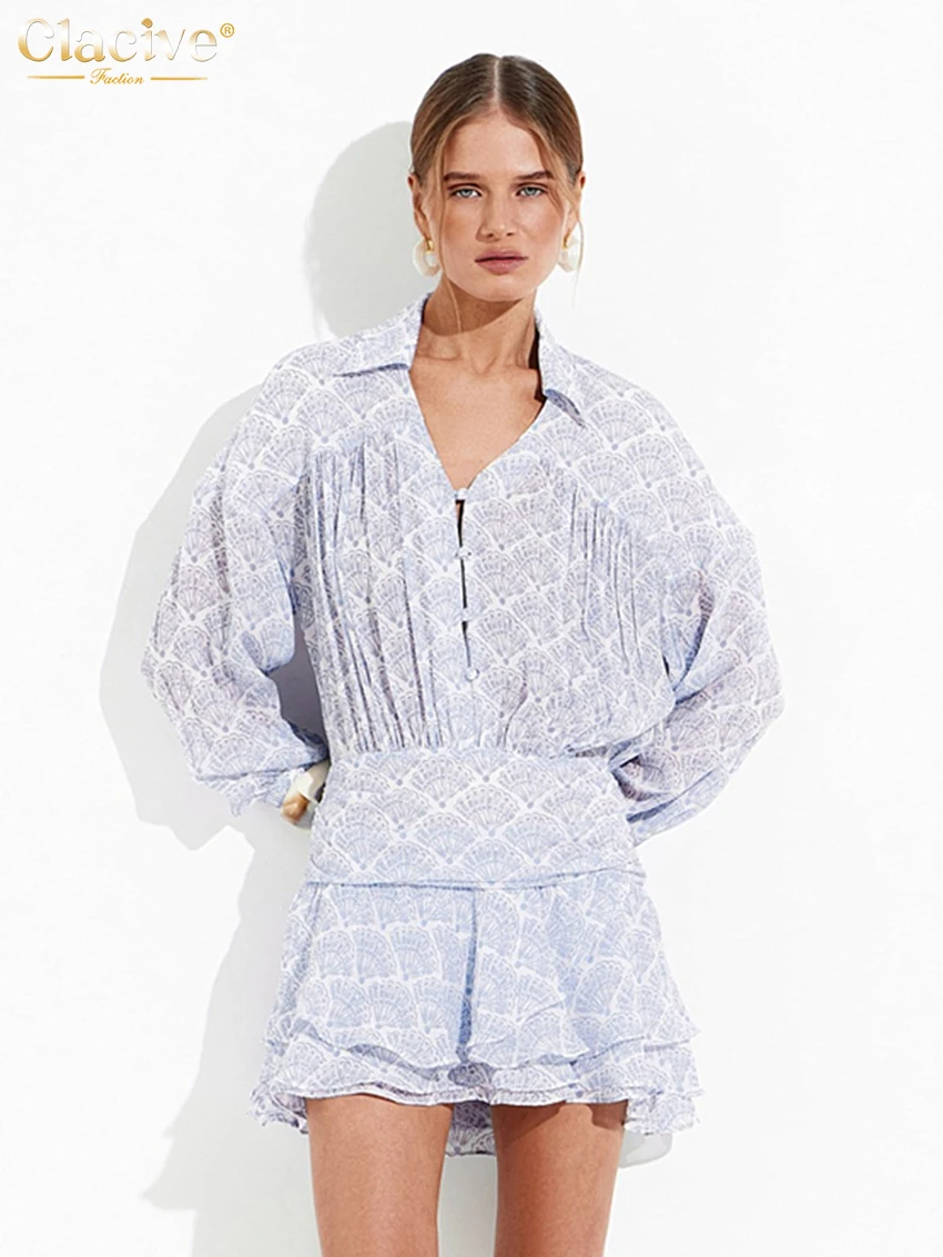 

Clacive Fashion Loose Print Women's Dress 2025 Casual Lapel Long Sleeve Mini Dresses Lady Elegant Classic Pleated Female Dress