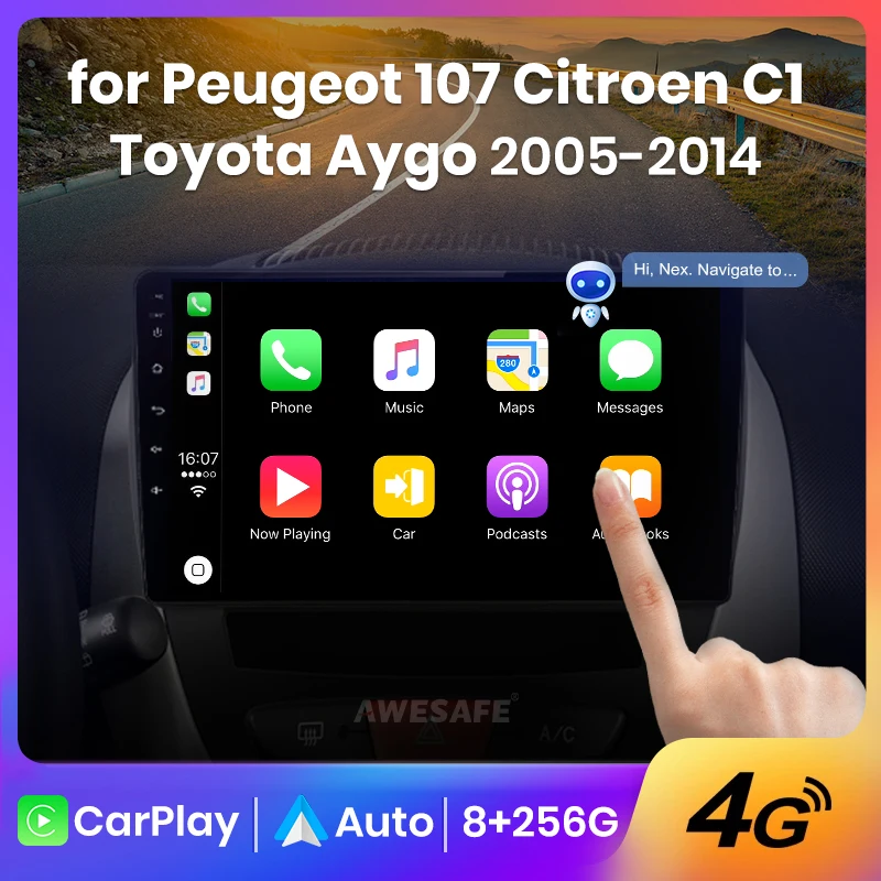 AWESAFE Wireless CarPlay Autoradio for Peugeot 107 Citroen C1 Toyota Aygo 2005-2014 Car Radio Multimedia Player Android Auto Ste